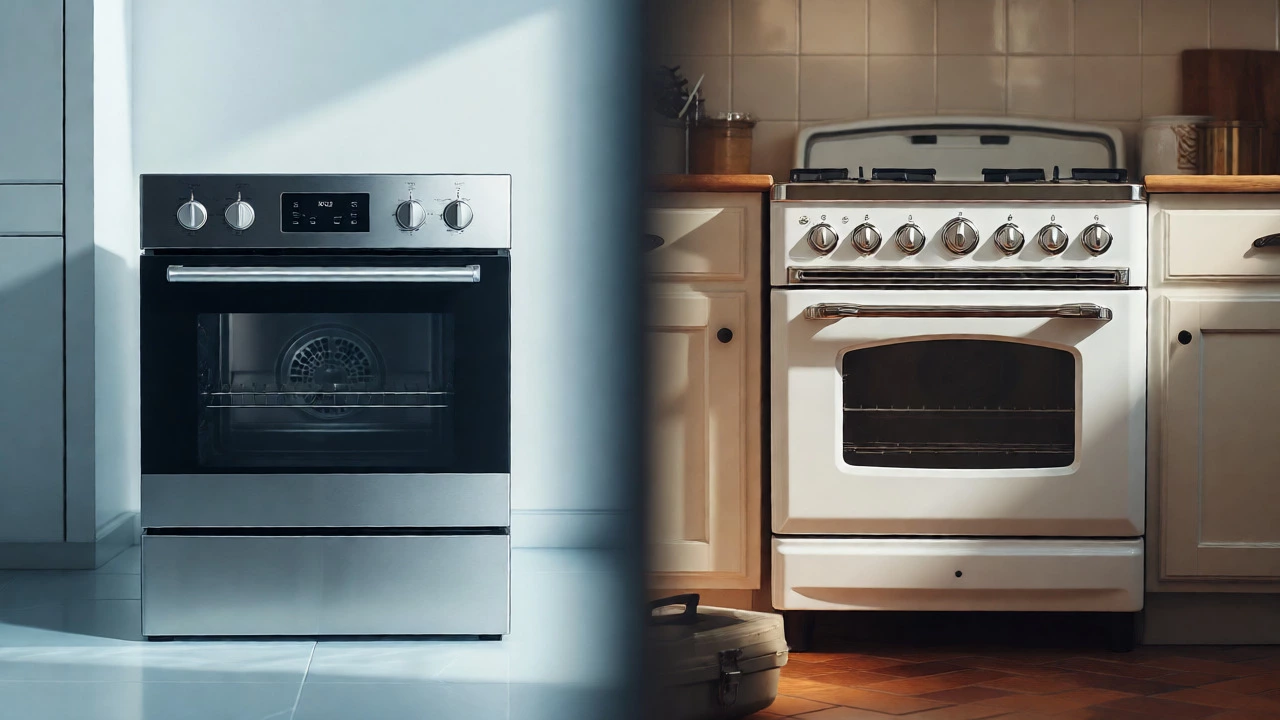 Split view of modern oven and retro oven for repair decision