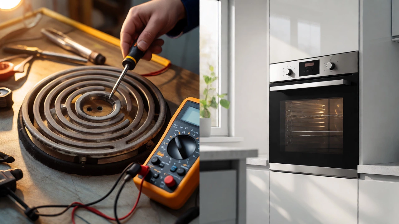 Split view showing a technician repairing an old element next to a brand new modern oven.