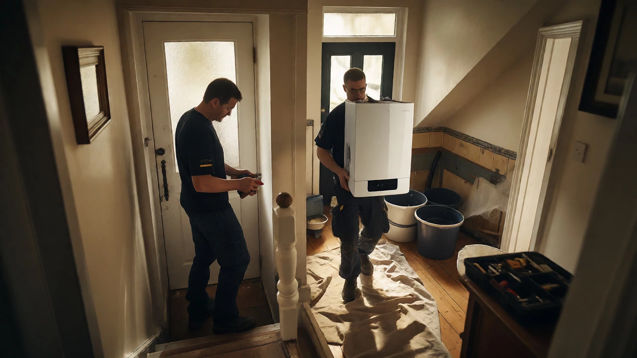 Two engineers transporting a new boiler through a home hallway