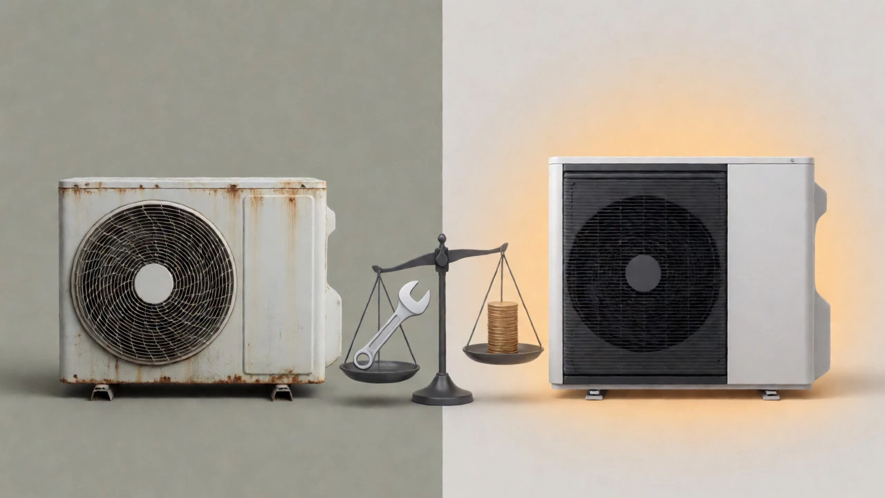 Visual metaphor comparing old heat pump repair costs versus buying a new unit