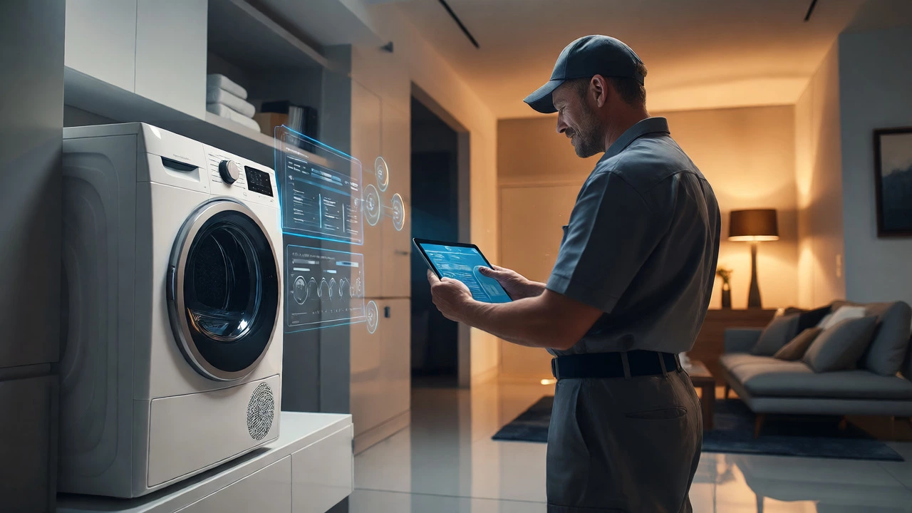 Appliance specialist using a tablet with holographic data near a smart dryer
