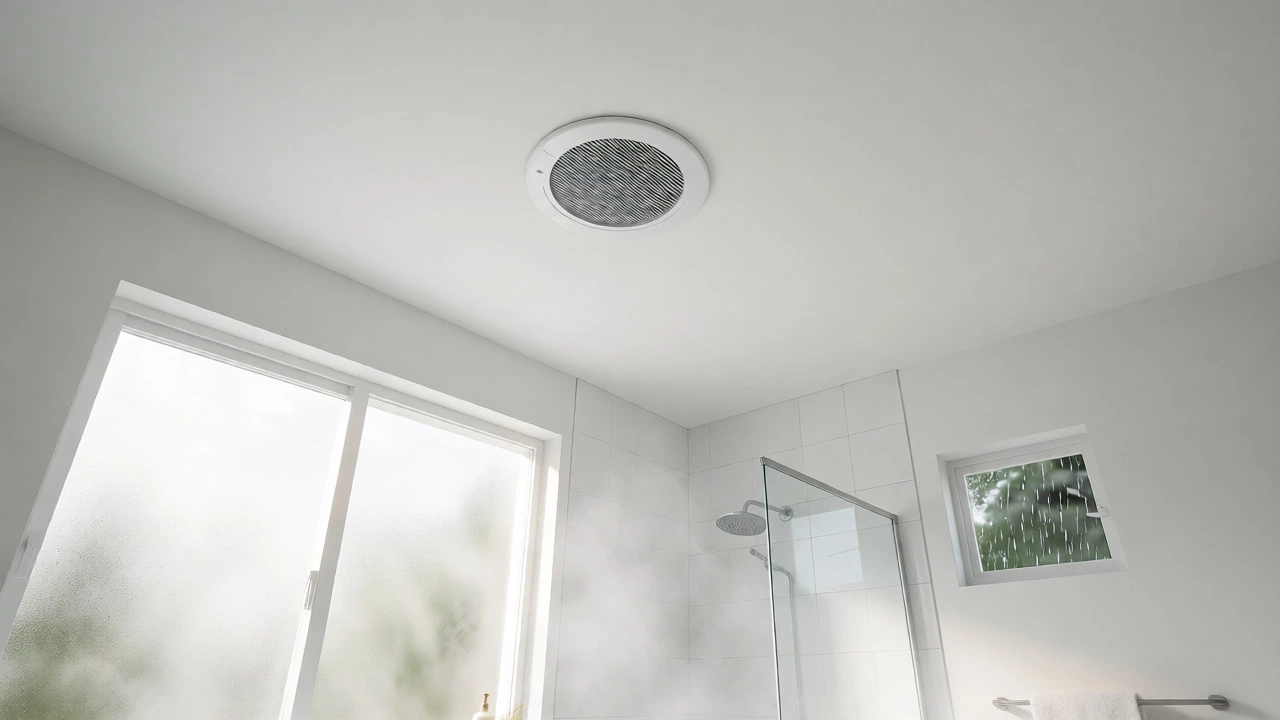 Clean modern bathroom with a discreet ceiling vent and shower steam