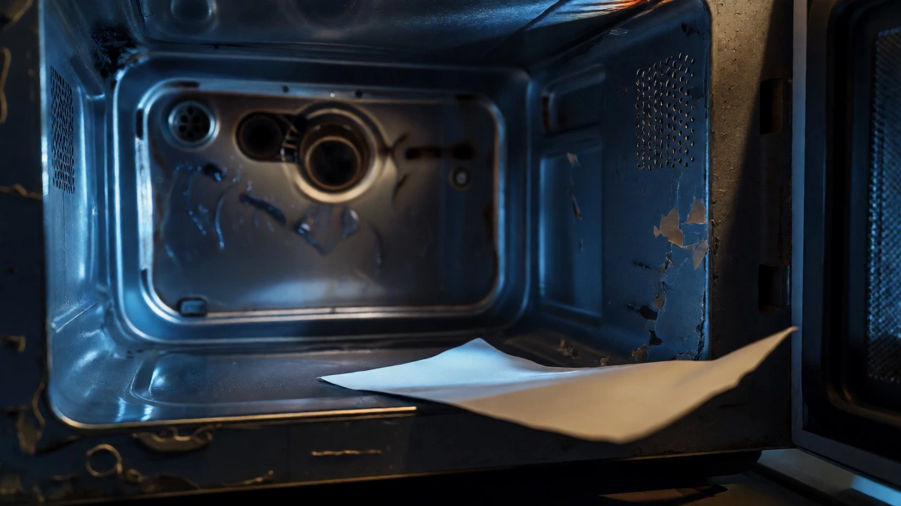 Close-up of a worn microwave interior with peeling paint and a damaged door seal