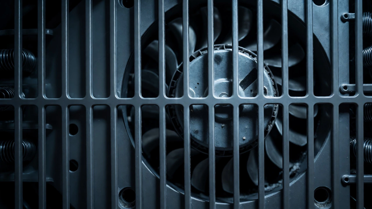Close-up of dusty evaporator fan motor inside a freezer compartment