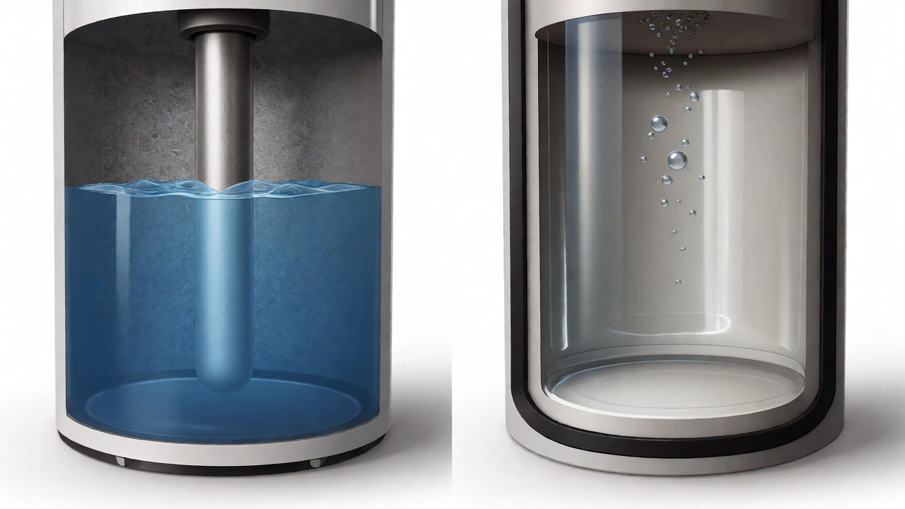 Cross-section comparison of Rheem and AO Smith water heater tank interiors