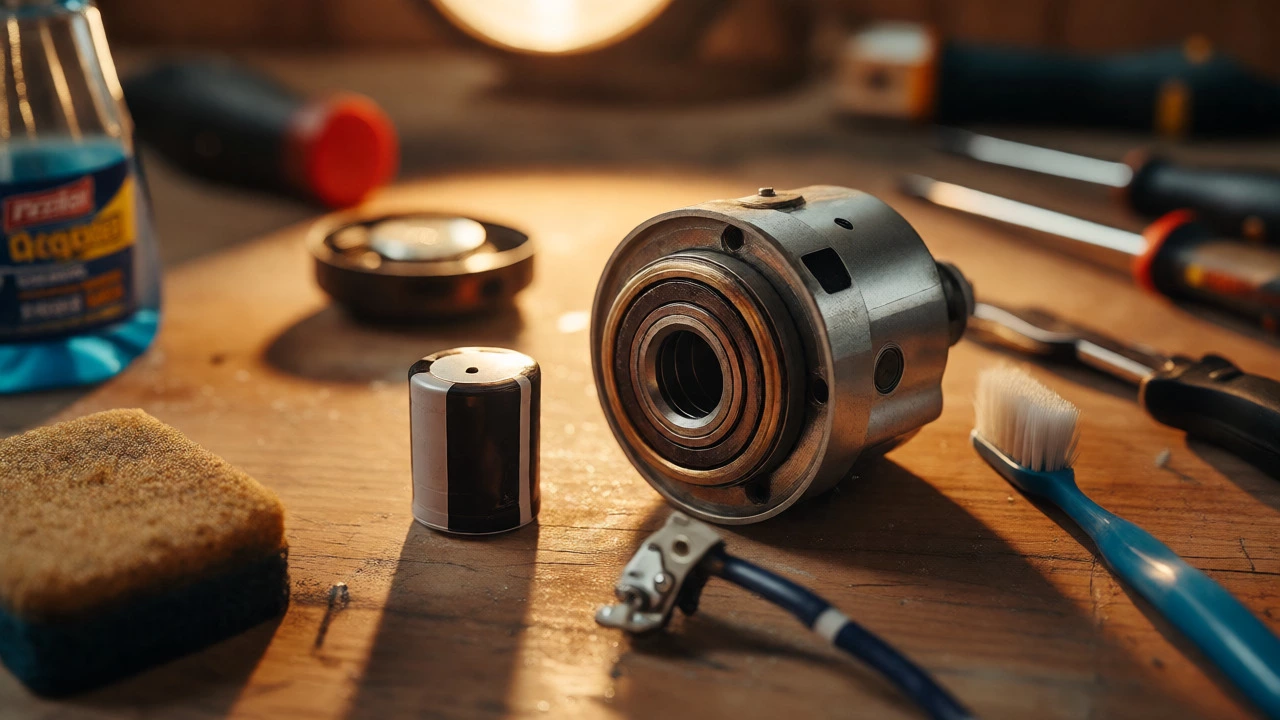 Disassembled fan motor and capacitor on a workbench with cleaning tools