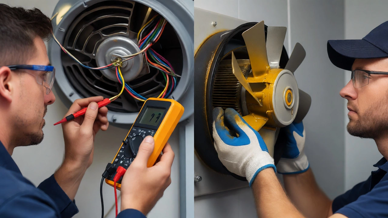 Electrician checking wiring and technician inspecting greasy fan motor