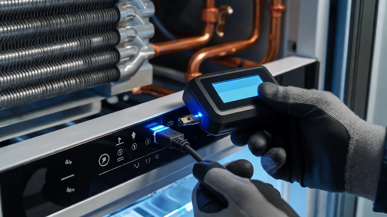 Hands using a diagnostic tool on a smart refrigerator control panel