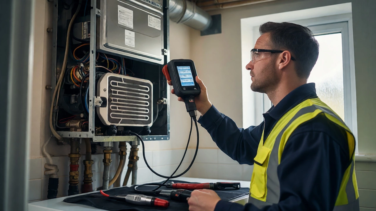 Heating engineer using diagnostic tools to service an open boiler unit.