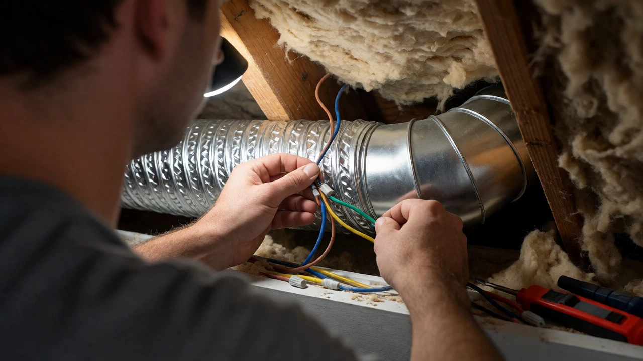 Homeowner connecting electrical wires for a new inline ceiling fan