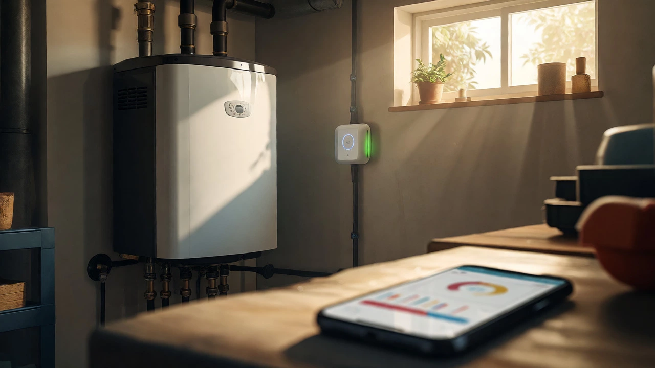Modern smart water heater with app connectivity in a home utility room