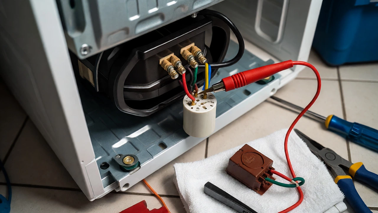 Multimeter testing a capacitor near the compressor of a refrigerator during diagnosis.