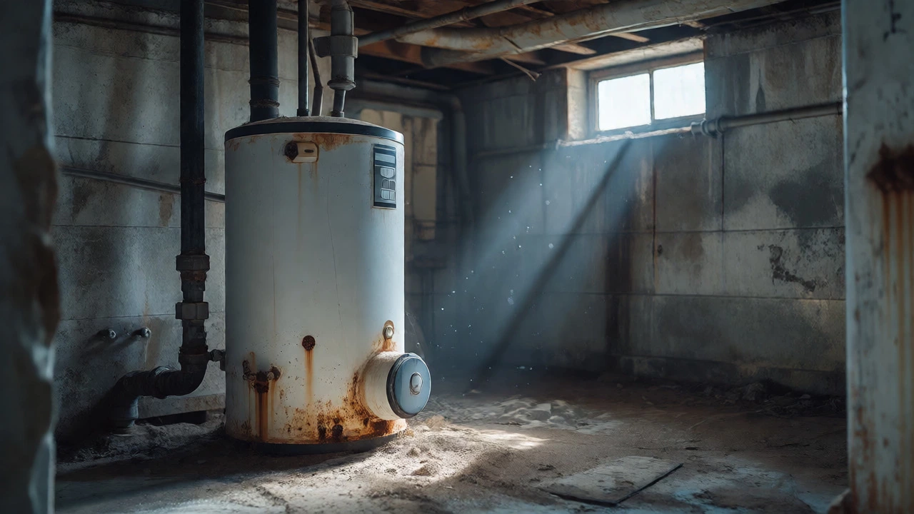 Neglected water heater standing alone in a dimly lit UK basement
