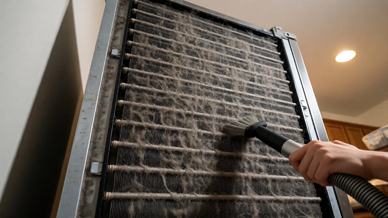 Person cleaning dusty condenser coils at the back of a refrigerator