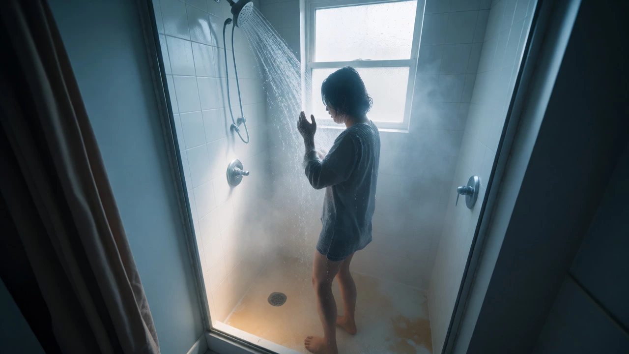 Person shivering in a shower due to sudden cold water from a malfunctioning heater