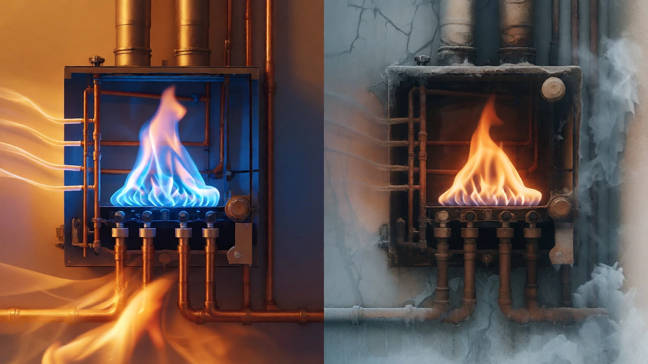 Split view comparing a clean, efficient boiler with a dirty, neglected one.