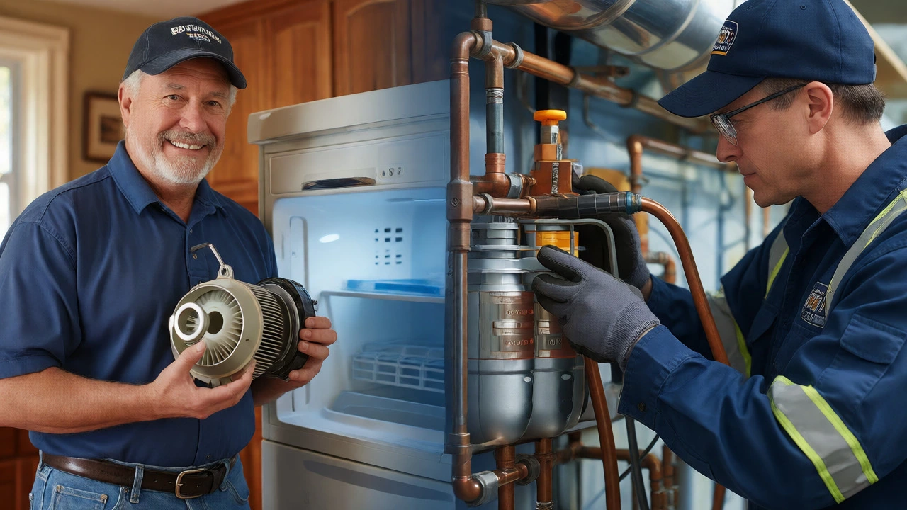 Split view comparing DIY fridge part replacement with professional technician pipe work.