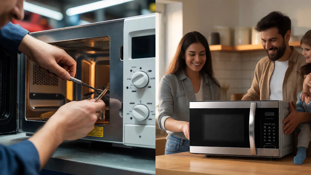 Split view showing a technician repairing a microwave and a family unboxing a new one