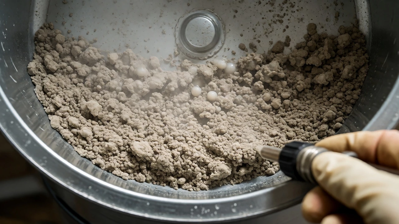 Thick mineral sediment buildup visible at the bottom of an open water heater tank
