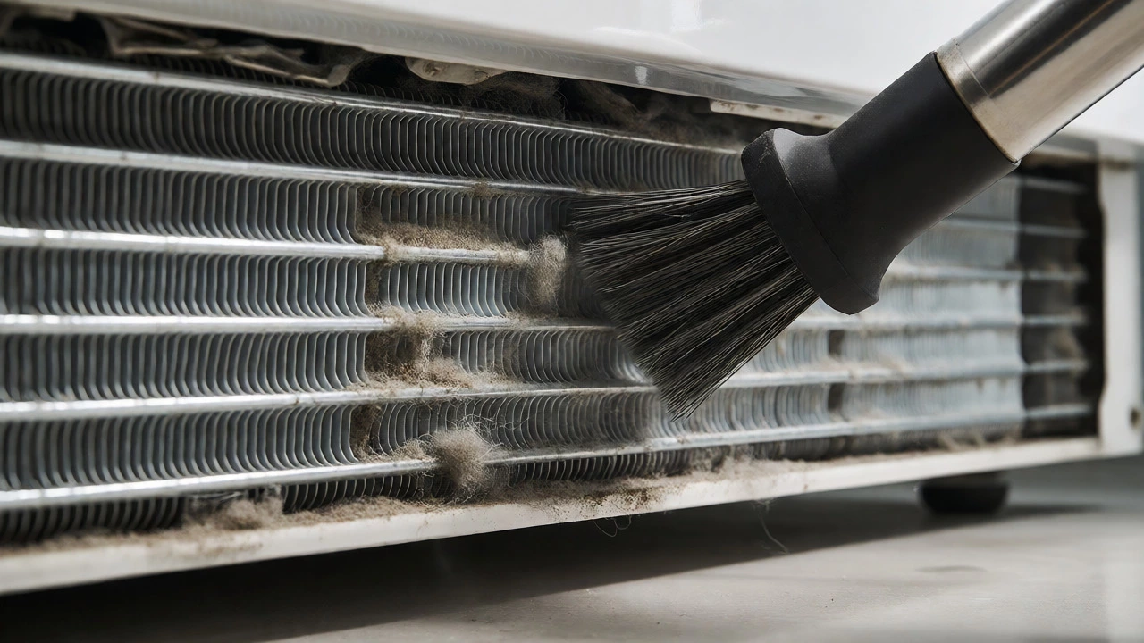 Vacuum cleaning dusty condenser coils behind a fridge kickplate