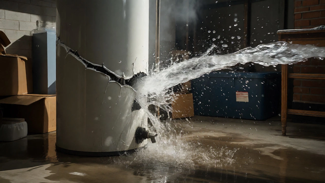 Water gushing from a burst water heater tank in a flooded basement